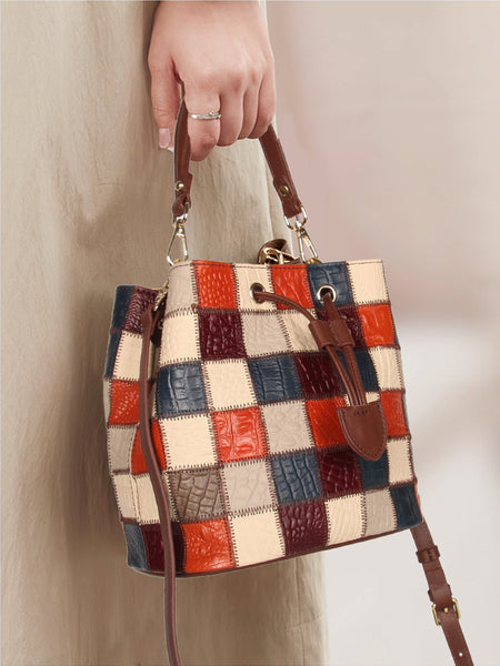 Boho Womens Patchwork Leather Bucket Bag Small Crossbody Handbag