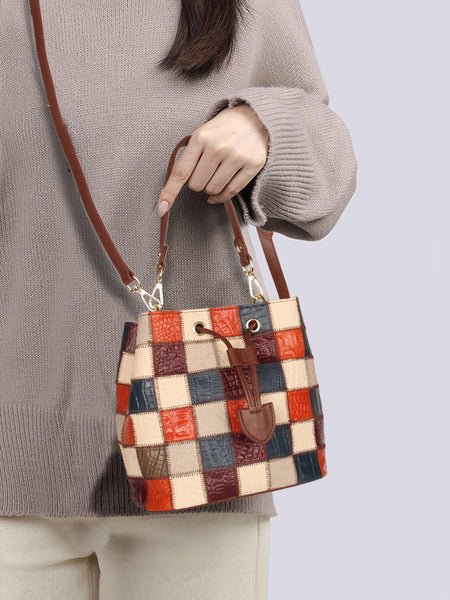 Boho Womens Patchwork Leather Bucket Bag Small Crossbody Handbag Badass