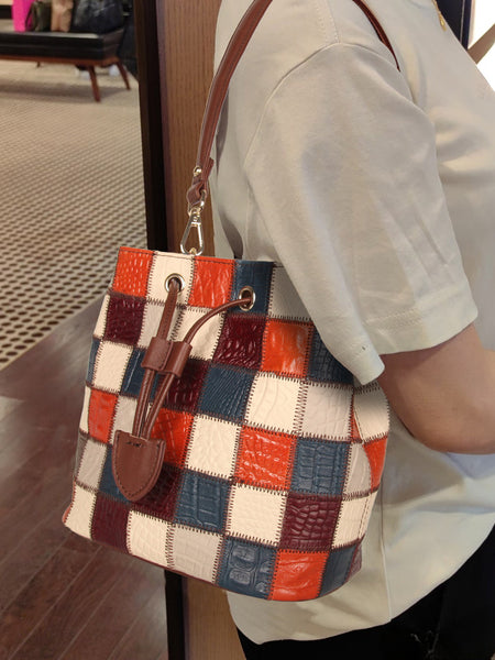 Boho Womens Patchwork Leather Bucket Bag Small Crossbody Handbag Beautiful