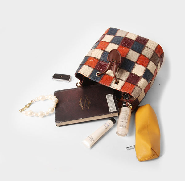 Boho Womens Patchwork Leather Bucket Bag Small Crossbody Handbag Capacity