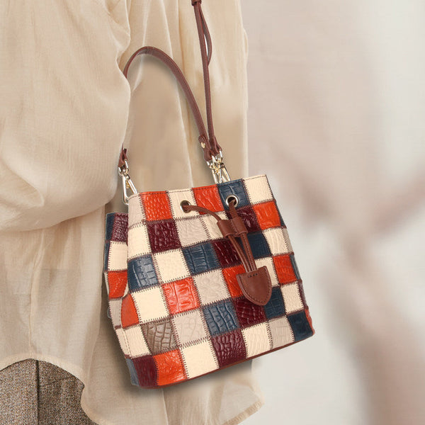 Boho Womens Patchwork Leather Bucket Bag Small Crossbody Handbag Casual