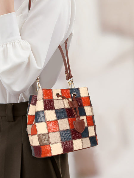 Boho Womens Patchwork Leather Bucket Bag Small Crossbody Handbag Chic