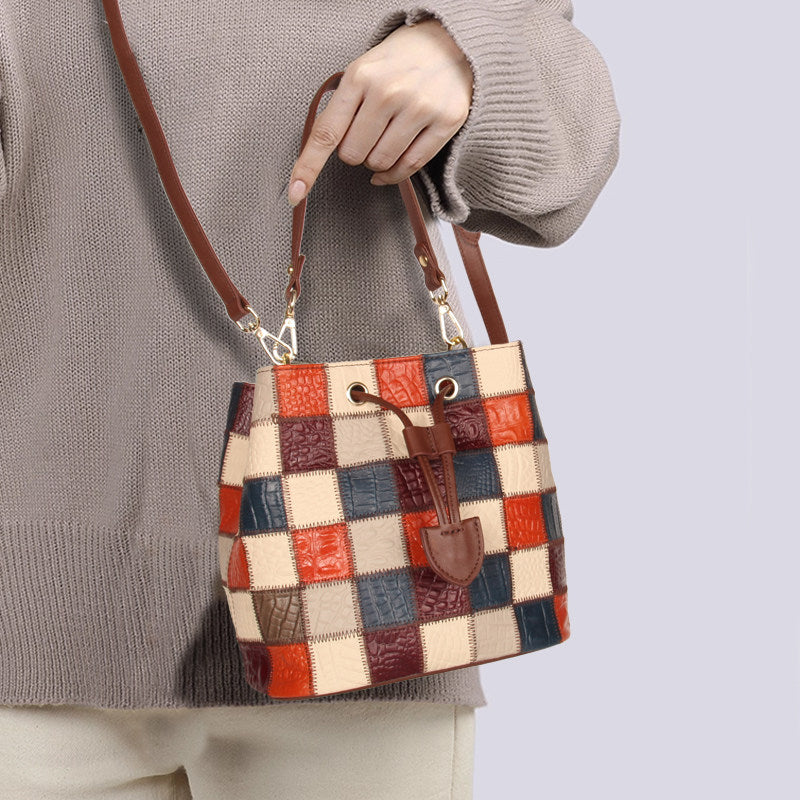 Boho Womens Patchwork Leather Bucket Bag Small Crossbody Handbag Classic