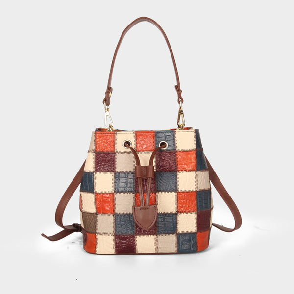 Boho Womens Patchwork Leather Bucket Bag Small Crossbody Handbag Classy