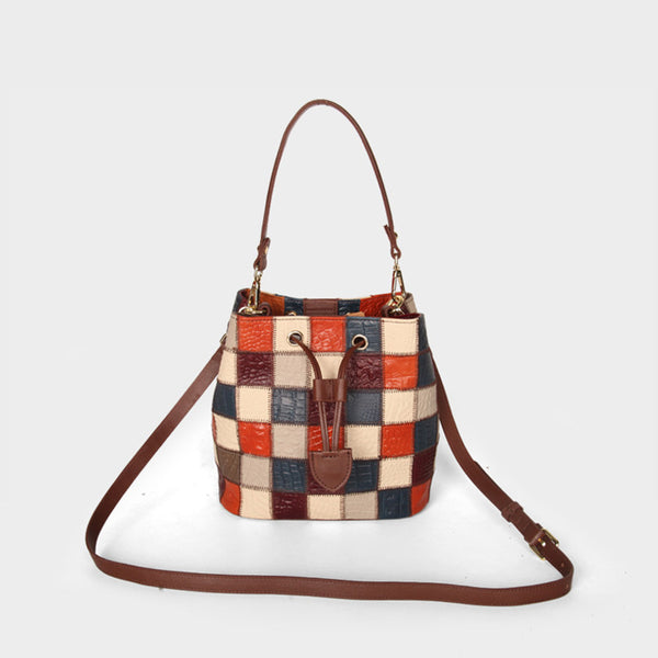 Boho Womens Patchwork Leather Bucket Bag Small Crossbody Handbag Cool