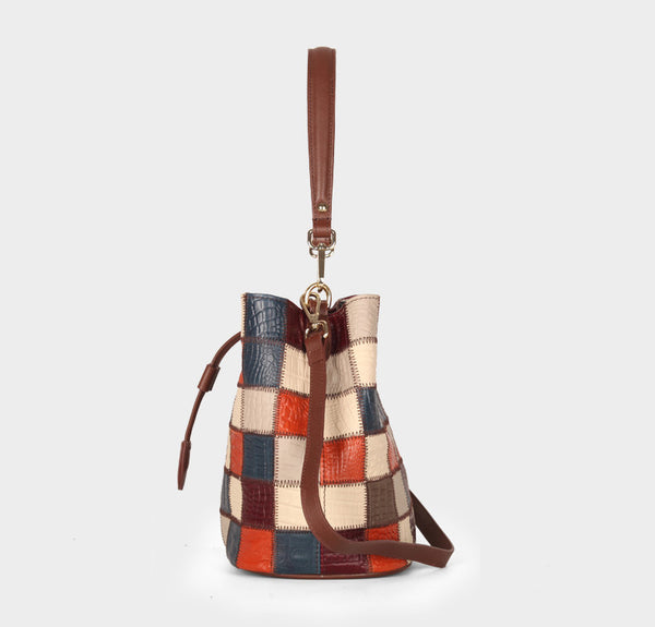 Boho Womens Patchwork Leather Bucket Bag Small Crossbody Handbag Cowhide