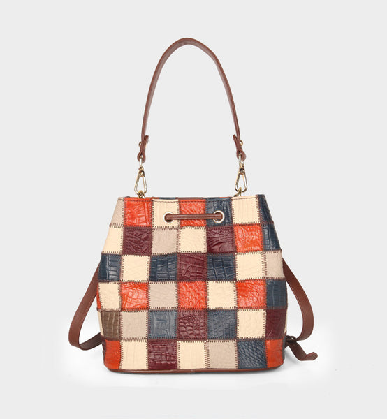 Boho Womens Patchwork Leather Bucket Bag Small Crossbody Handbag Cute