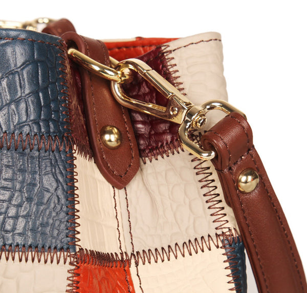 Boho Womens Patchwork Leather Bucket Bag Small Crossbody Handbag Details