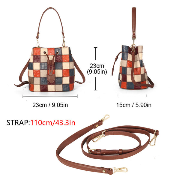 Boho Womens Patchwork Leather Bucket Bag Small Crossbody Handbag Fashion