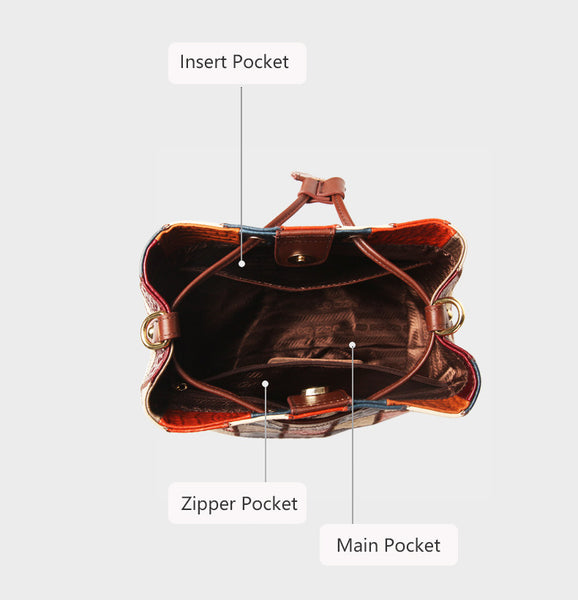 Boho Womens Patchwork Leather Bucket Bag Small Crossbody Handbag Inside
