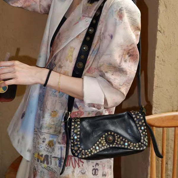 Boho Womens Rivet Leather Crossbody Satchel Soft Leather Shoulder Bag Badass
