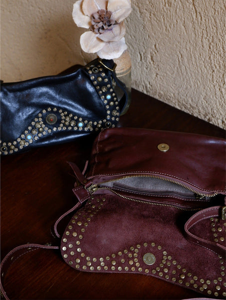 Boho Womens Rivet Leather Crossbody Satchel Soft Leather Shoulder Bag Casual
