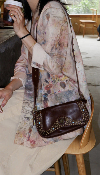 Boho Womens Rivet Leather Crossbody Satchel Soft Leather Shoulder Bag Elegant