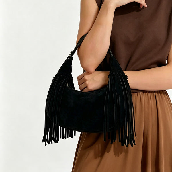 Boho Womens Suede Fringe Shoulder Bag Convertible Hobo Bag with Detachable Strap Badass