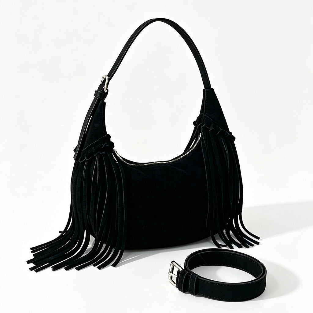 Boho Womens Suede Fringe Shoulder Bag Convertible Hobo Bag with Detachable Strap Black