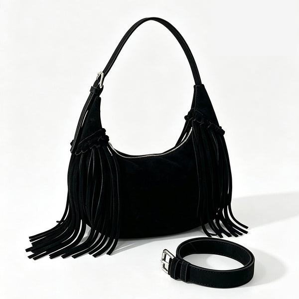 Boho Womens Suede Fringe Shoulder Bag Convertible Hobo Bag with Detachable Strap Black