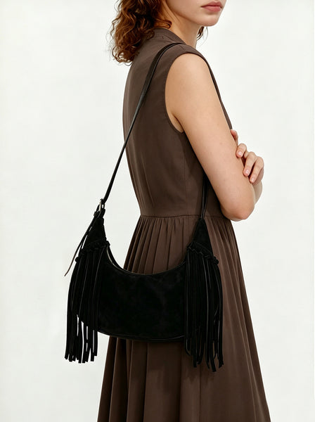 Boho Womens Suede Leather Tassel Shoulder Purse Suede and Matte Leather Combination Crossbody Bag (Copy)