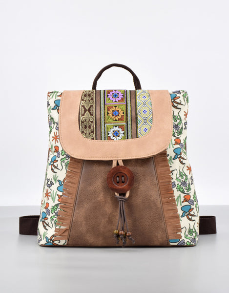 Boho Womens Vegan Backpack Purse Small Ladies Brown Rucksack Bag