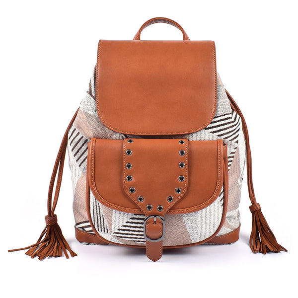 Boho Womens Vegan Leather Backpack Rucksack Bag Brown
