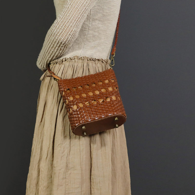 Boho Womens Woven Leather Crossbody Bag Brown Shoulder Bag Brown