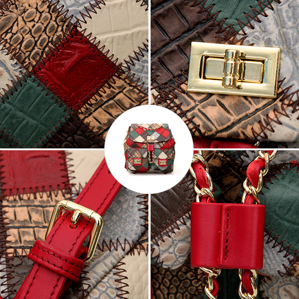 Boho Genuine Leather Patchwork Mini Backpack Bag for Women Handmade Vintage Cowhide Rucksack Bag Details