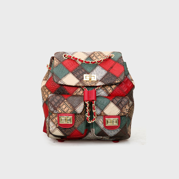 Boho Genuine Leather Patchwork Mini Backpack Bag for Women Handmade Vintage Cowhide Rucksack Bag Fashion