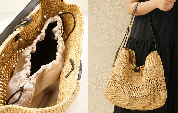 Boho Straw Woven Tote Bag for Women Vacation Shoulder Bag