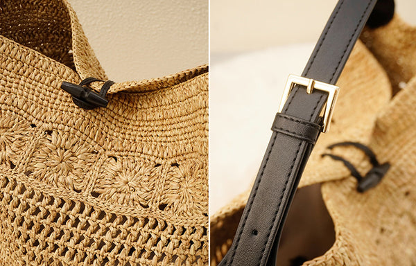 Boho Straw Woven Tote Bag for Women Vacation Shoulder Bag with Leather Strap