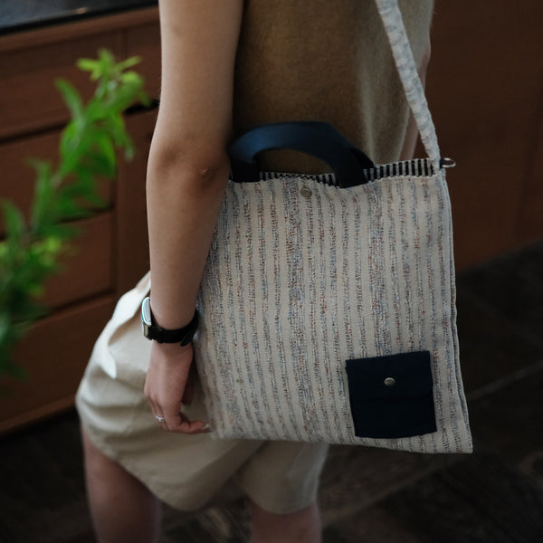 Canvas Tote Bag for Women Striped Cotton Canvas Shoulder Bag with Front Pocket Badass