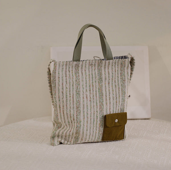Canvas Tote Bag for Women Striped Cotton Canvas Shoulder Bag with Front Pocket Durable