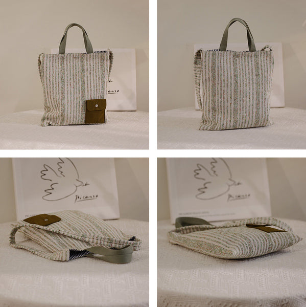 Canvas Tote Bag for Women Striped Cotton Canvas Shoulder Bag with Front Pocket Fashion
