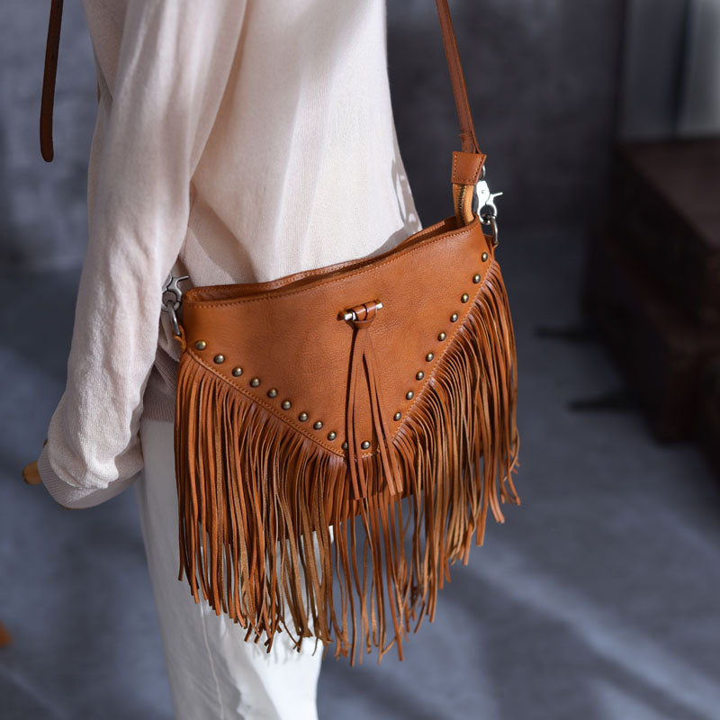 Ladies Western Leather Fringe Purse Brown Shoulder Bag