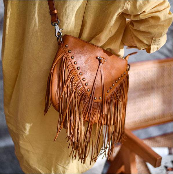 Ladies Western Leather Fringe Purse Brown Shoulder Bag