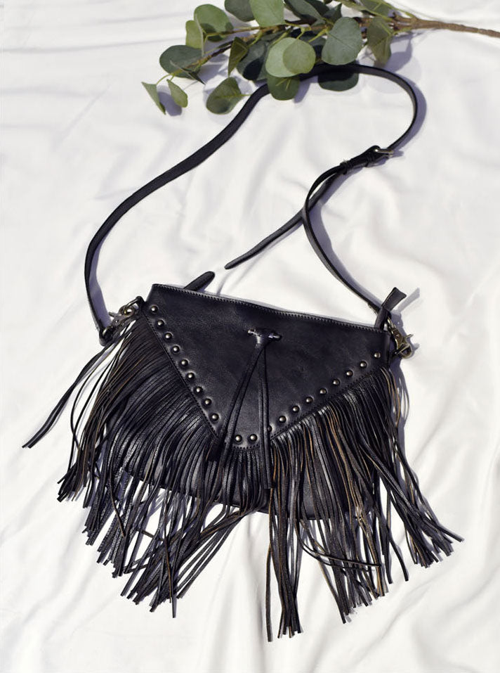 Black Leather Fringe Crossbody Purse For Women Vintage Boho Bags –  igemstonejewelry