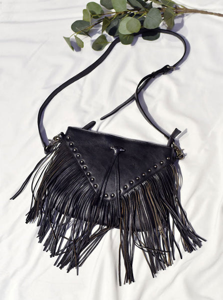Boho Ladies Black Leather Fringe Purse Cross Shoulder Bag
