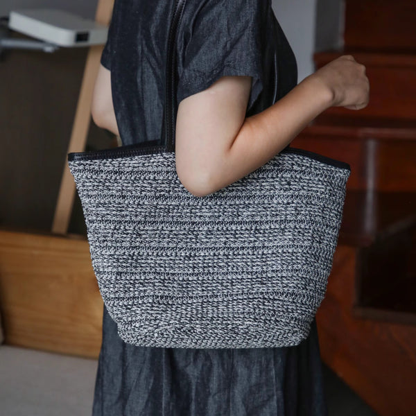 Casual Womens Knitted Tote Bag with Leather Trim Shoulder Bag with Magnetic Closure