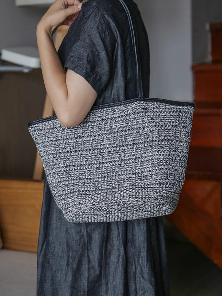 Casual Womens Knitted Tote Bag with Leather Trim Shoulder Bag with Magnetic Closure