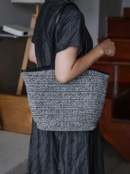 Casual Womens Knitted Tote Bag with Leather Trim Shoulder Bag with Magnetic Closure Boutique