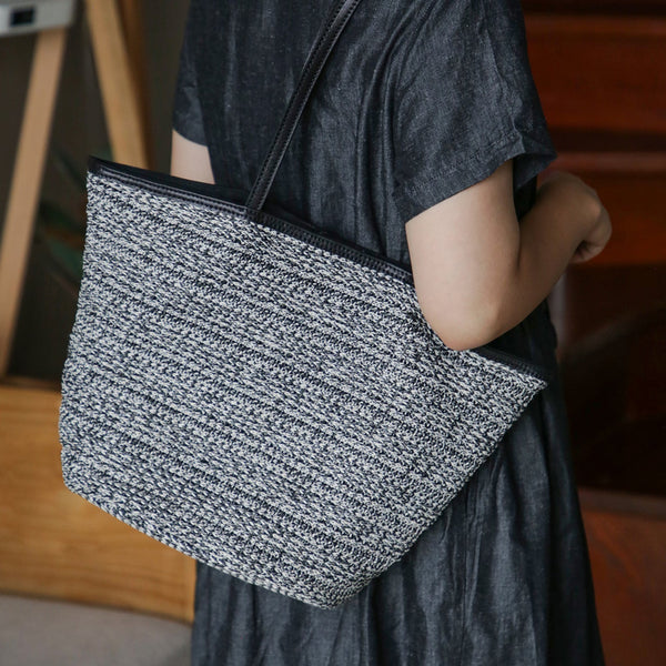 Casual Womens Knitted Tote Bag with Leather Trim Shoulder Bag with Magnetic Closure Elegant