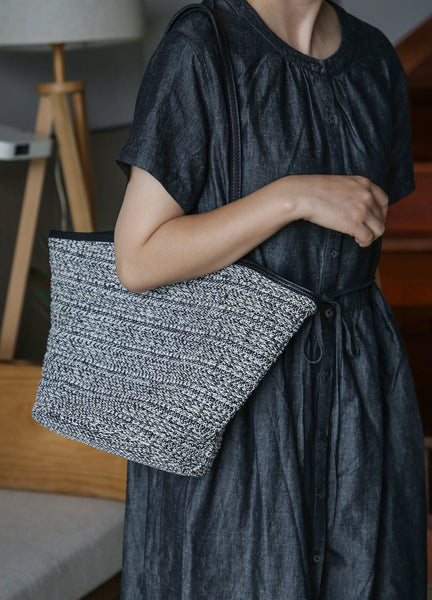 Casual Womens Knitted Tote Bag with Leather Trim Shoulder Bag with Magnetic Closure Fashionable