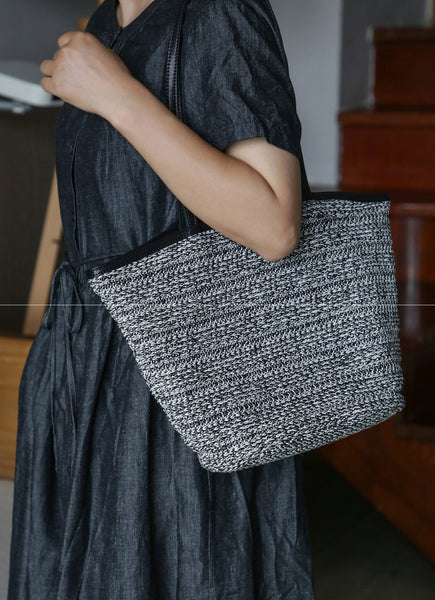 Casual Womens Knitted Tote Bag with Leather Trim Shoulder Bag with Magnetic Closure Gift