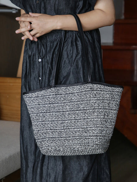 Casual Womens Knitted Tote Bag with Leather Trim Shoulder Bag with Magnetic Closure Original