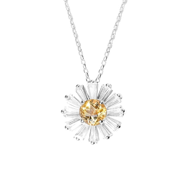 Charm Daisy Shaped Womens Citrine Pendant Sterling Silver Necklace For Women Accessories
