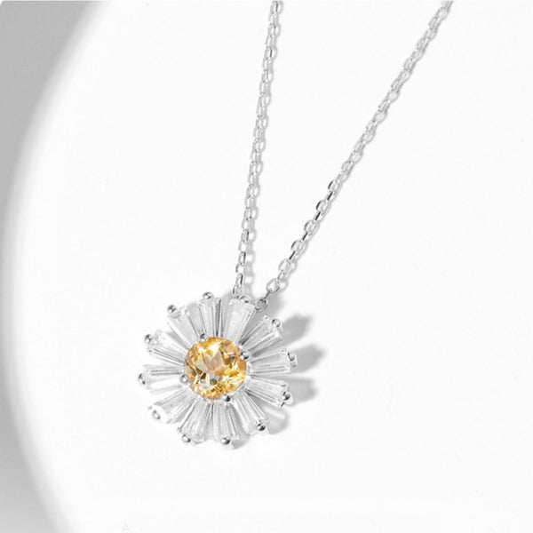 Charm Daisy Shaped Womens Citrine Pendant Sterling Silver Necklace For Women Affordable