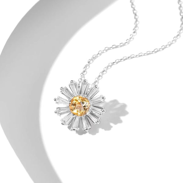 Charm Daisy Shaped Womens Citrine Pendant Sterling Silver Necklace For Women