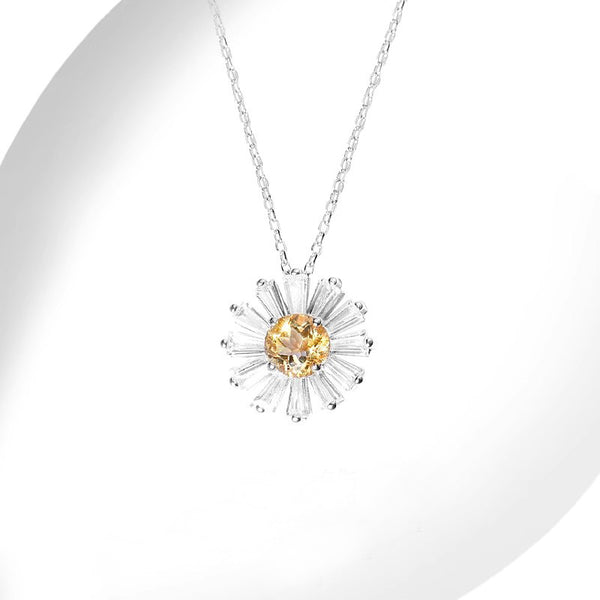 Charm Daisy Shaped Womens Citrine Pendant Sterling Silver Necklace For Women Chic