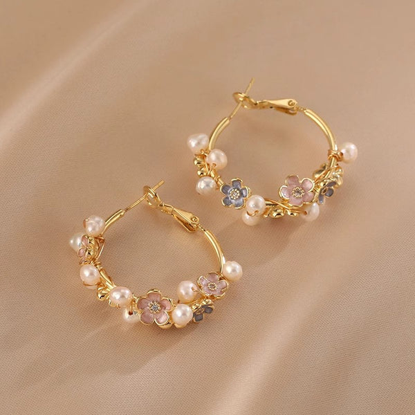 Charm Womens Natural Pearl Floral Hoop Earrings Sterling Silver Post Accessories