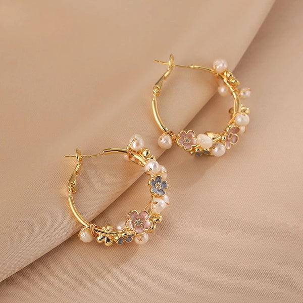 Charm Womens Natural Pearl Floral Hoop Earrings Sterling Silver Post
