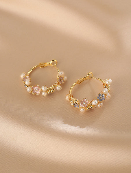 Charm Womens Natural Pearl Floral Hoop Earrings Sterling Silver Post Chic