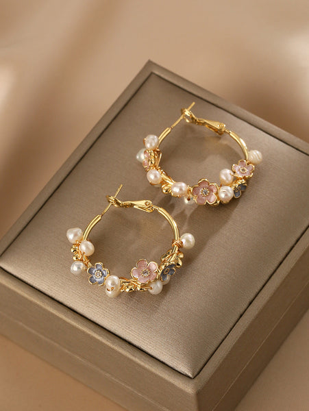 Charm Womens Natural Pearl Floral Hoop Earrings Sterling Silver Post Cute